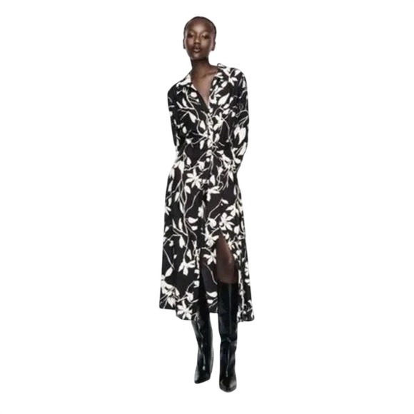 Zara Dresses & Skirts - ZARA Floral Midi Derby Dress Womens Satin Floral Belted Black White Small NWT